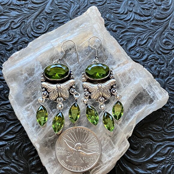 Dangly Faceted Green Peridot Butterfly Earrings Crystal Stone Jewelry - Picture 7 of 8